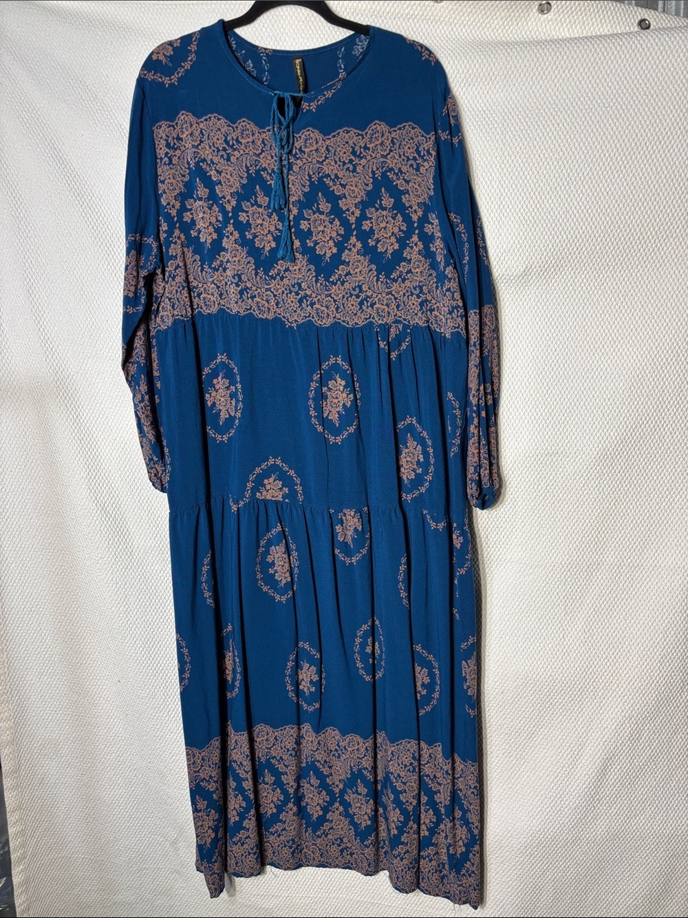 GUZELADIN Sz 52 (US L) Floral Printed Long Sleeve Maxi Dress Tiered Ruffle Skirt